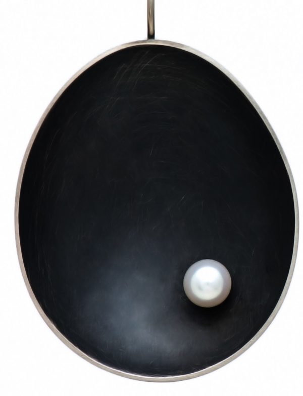 Large Dish Earrings – Blackened Silver & Pearl