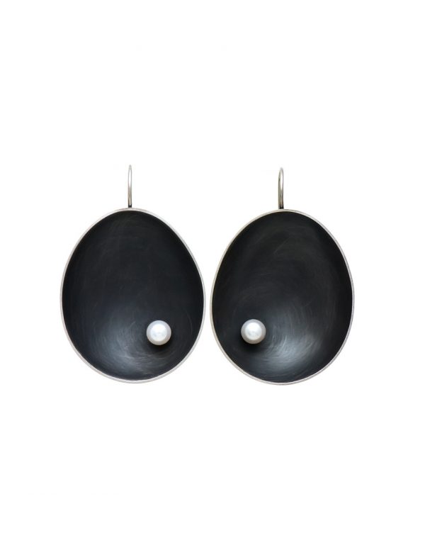 Large Dish Earrings – Blackened Silver & Pearl