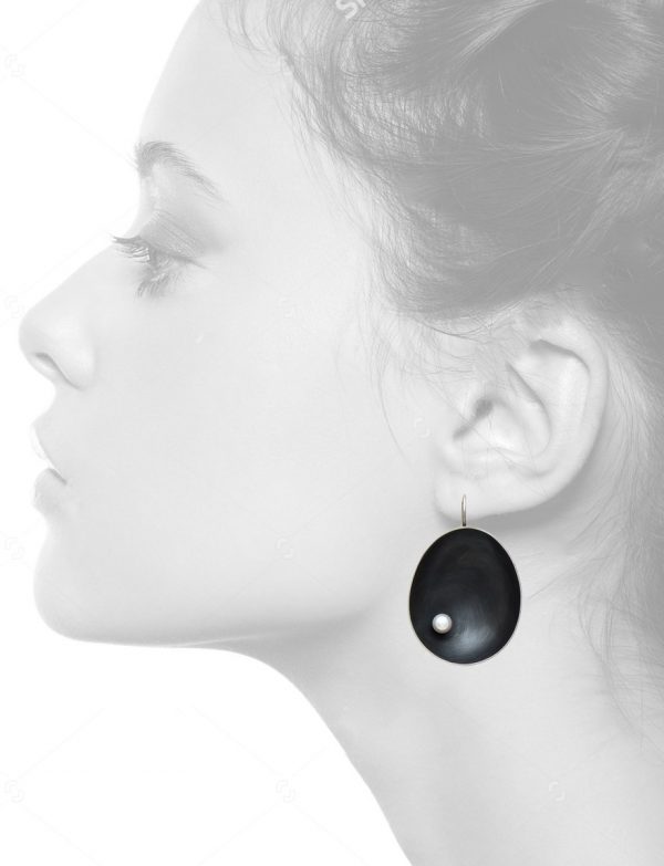 Large Dish Earrings – Blackened Silver & Pearl