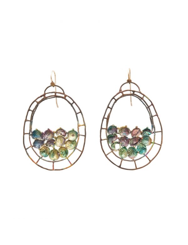 Hanging Oval Shibuichi Earrings – Green Tones