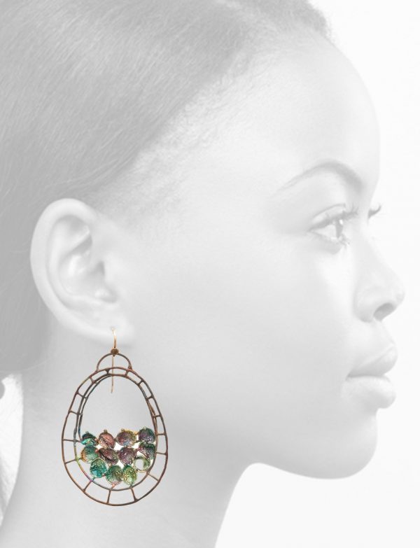 Hanging Oval Shibuichi Earrings – Green Tones