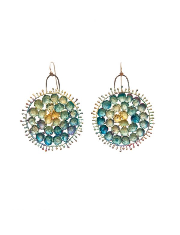 Hanging Round Shibuichi Earrings – Blue Tones