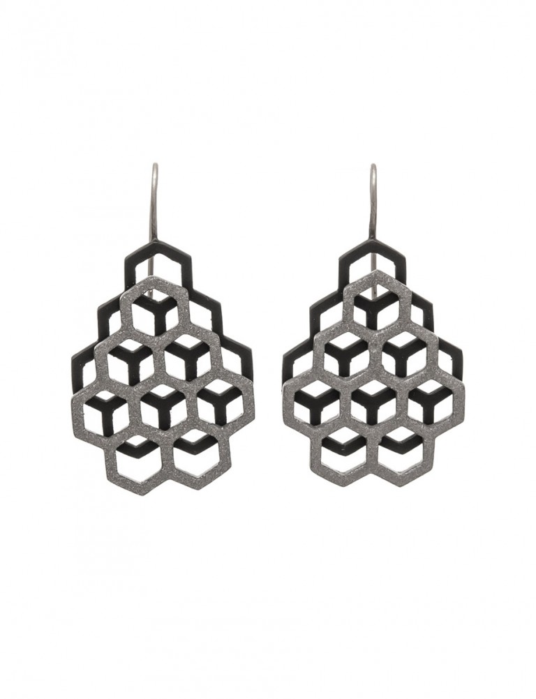 Small Double Honeycomb Earrings – Black & Grey