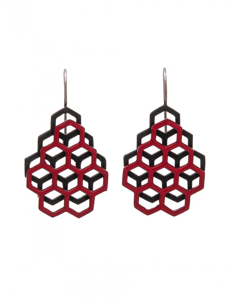 Small Double Honeycomb Earrings – Red & Black