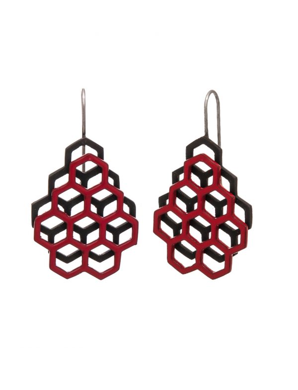 Small Double Honeycomb Earrings – Red & Black