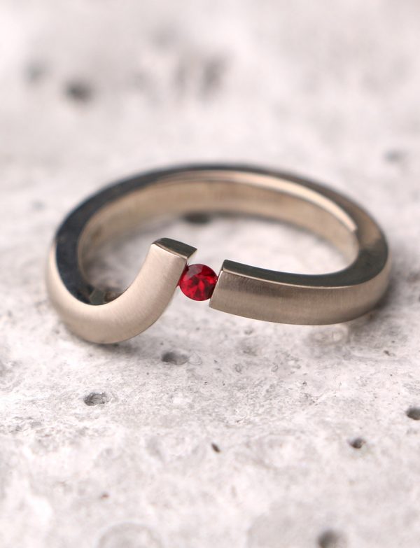 Angled Tension Set Ring – Ruby & White Gold