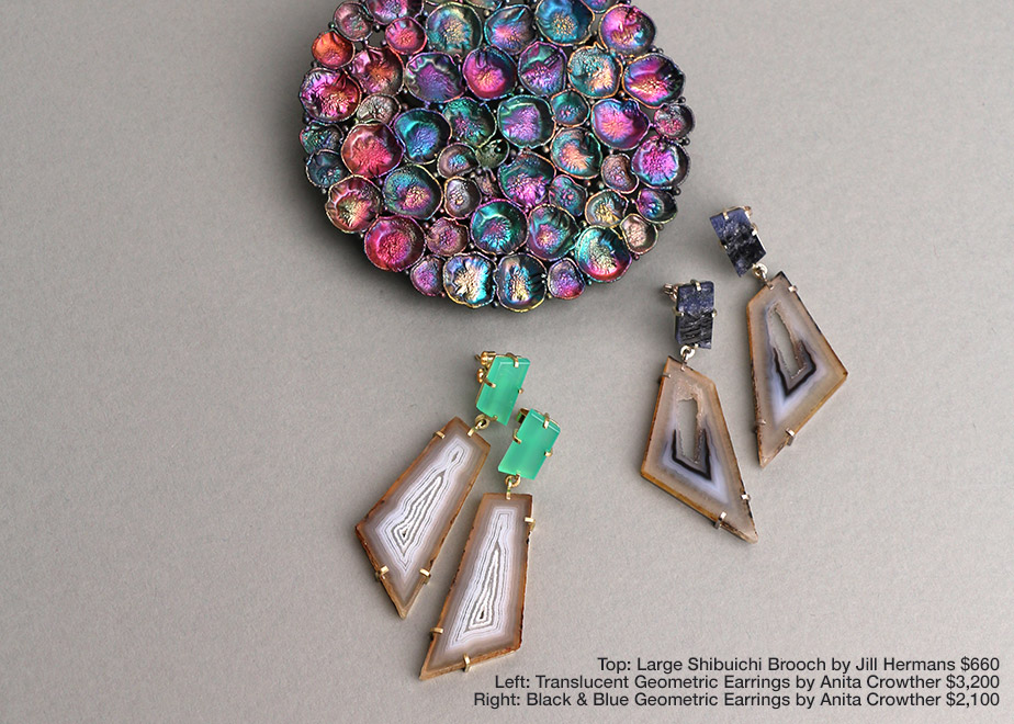 Brooch by Jill Hermans and earrings by Anita Crowther