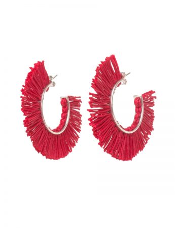 Red Fringed Linen Hoop Earrings