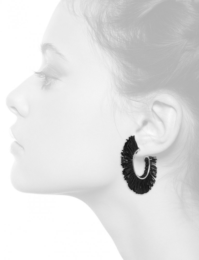 Black Fringed Linen Hoop Earrings