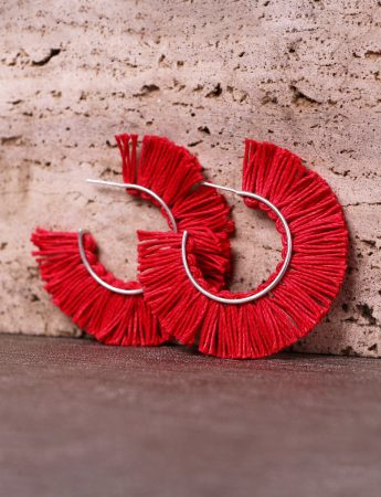 Red Fringed Linen Hoop Earrings