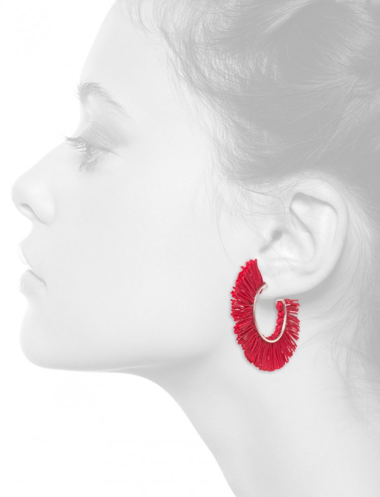 Red Fringed Linen Hoop Earrings