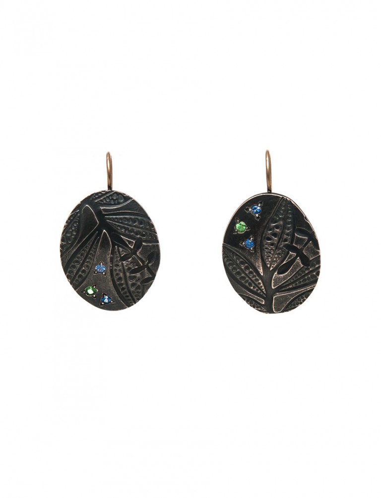 Black Leaf Imprint Hook Earrings – Sapphire & Garnet