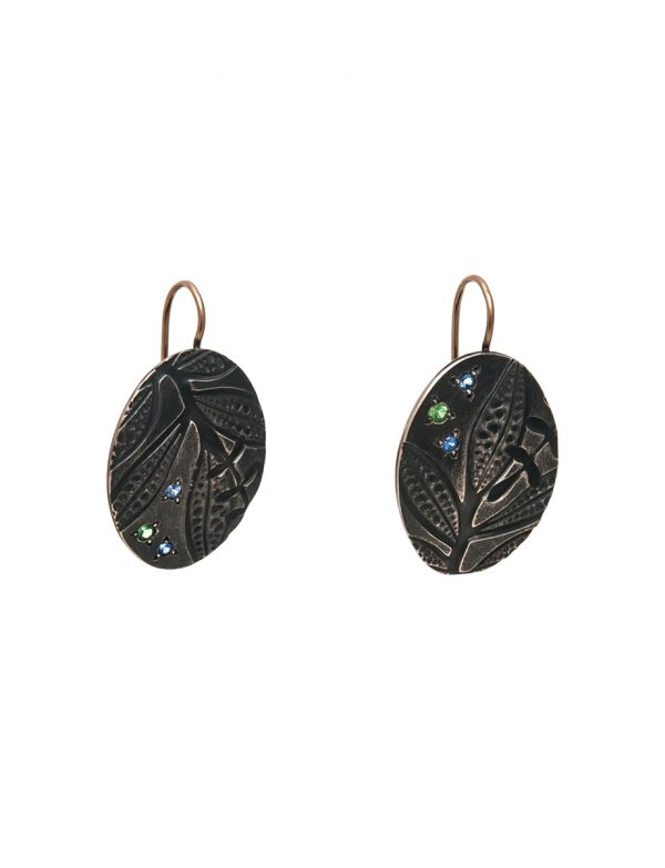 Black Leaf Imprint Hook Earrings – Sapphire & Garnet