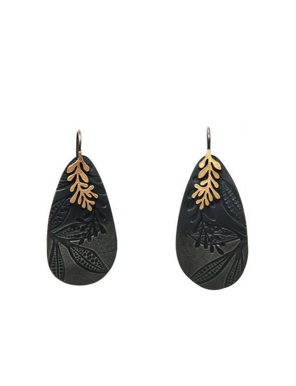 Oval Leaf Imprint Earrings – Black & Gold