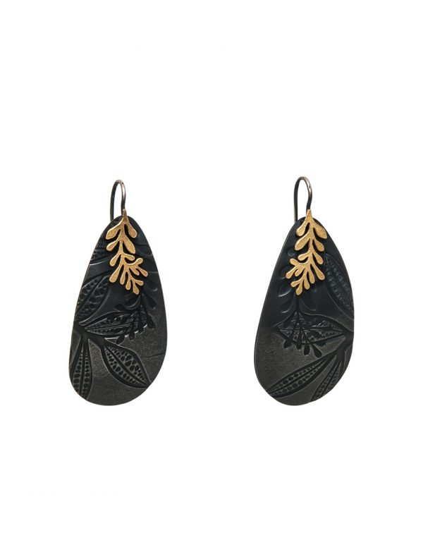 Oval Leaf Imprint Earrings – Black & Gold