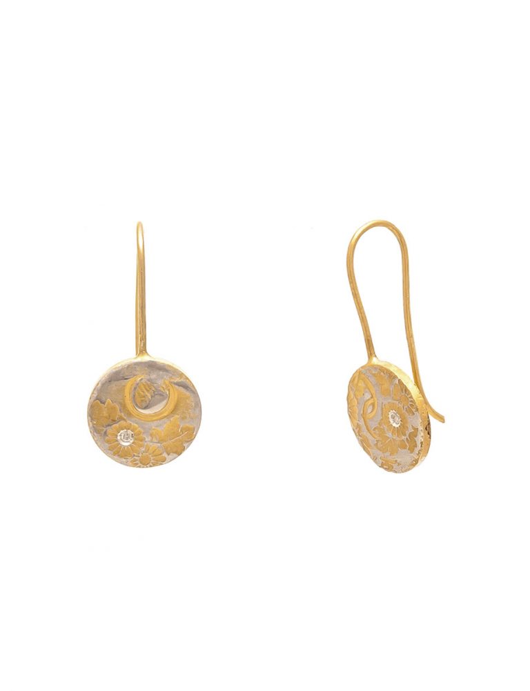 Flower Print Hook Earrings – Yellow Gold Plate & Diamond