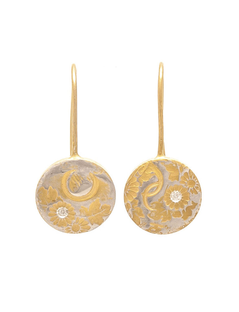 Flower Print Hook Earrings – Yellow Gold Plate & Diamond