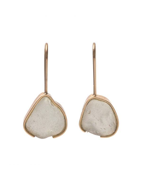White Beach Glass Earrings – Yellow Gold