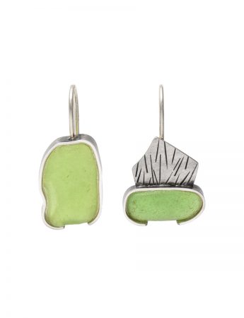 Asymmetric Bottle Green Beach Glass Earrings – Silver