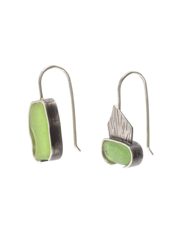 Asymmetric Bottle Green Beach Glass Earrings – Silver