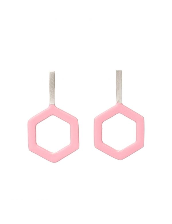 Hexagon & Silver Line Earrings – Pink
