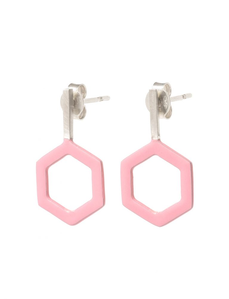 Hexagon & Silver Line Earrings – Pink