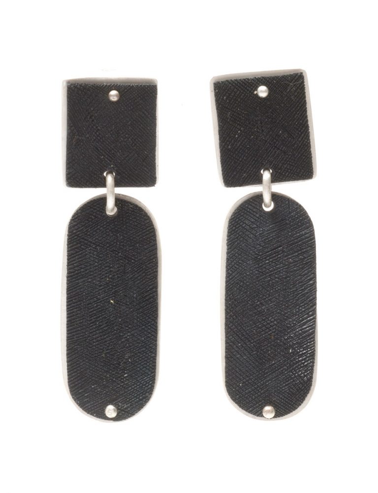 Square Pendant Stud Earrings – Black & Silver