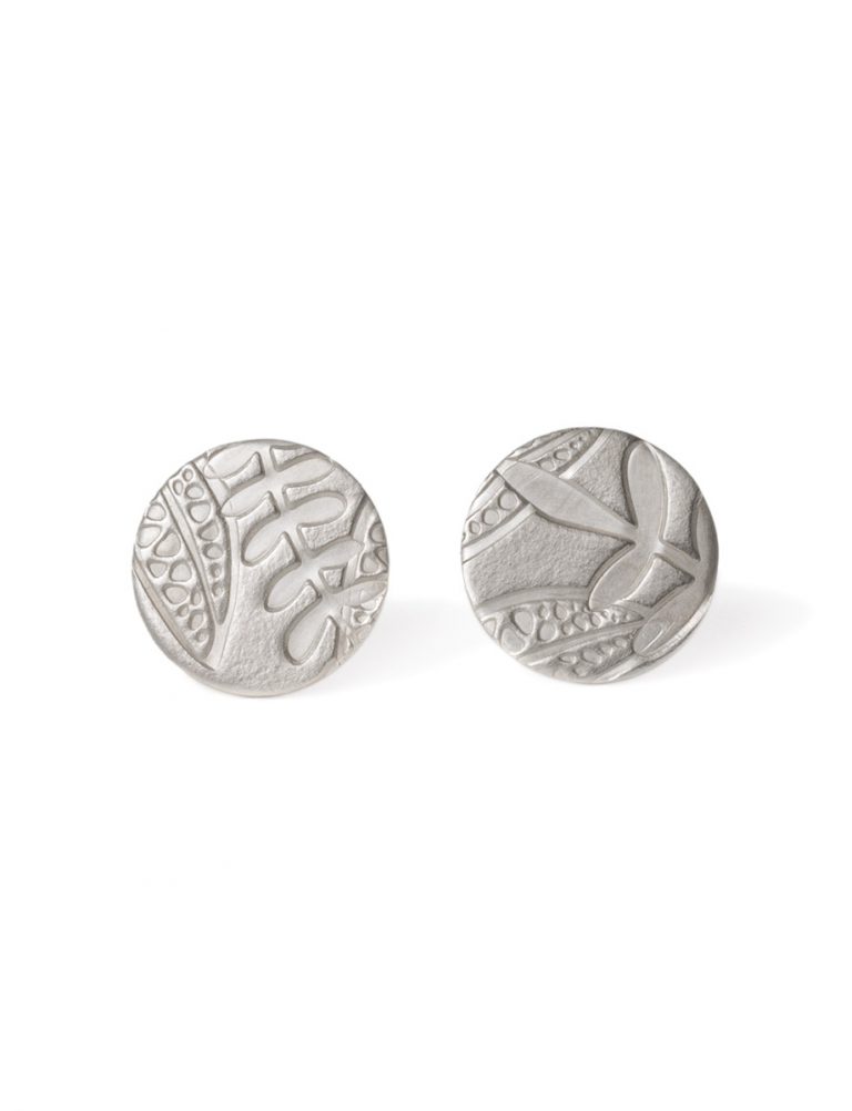 Round Leaf Imprint Stud Earrings – Silver