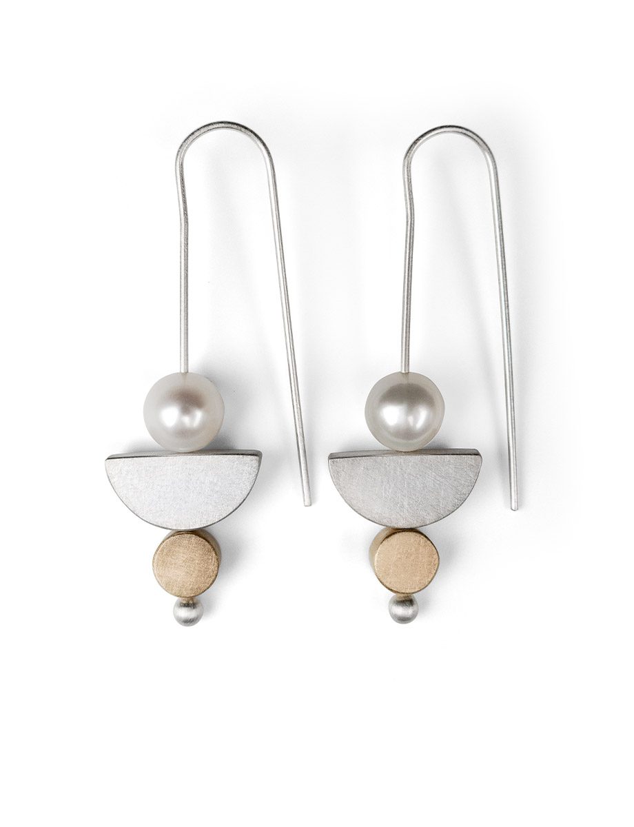 Hanging in the Balance Earrings – Silver, Yellow Gold & White Pearls