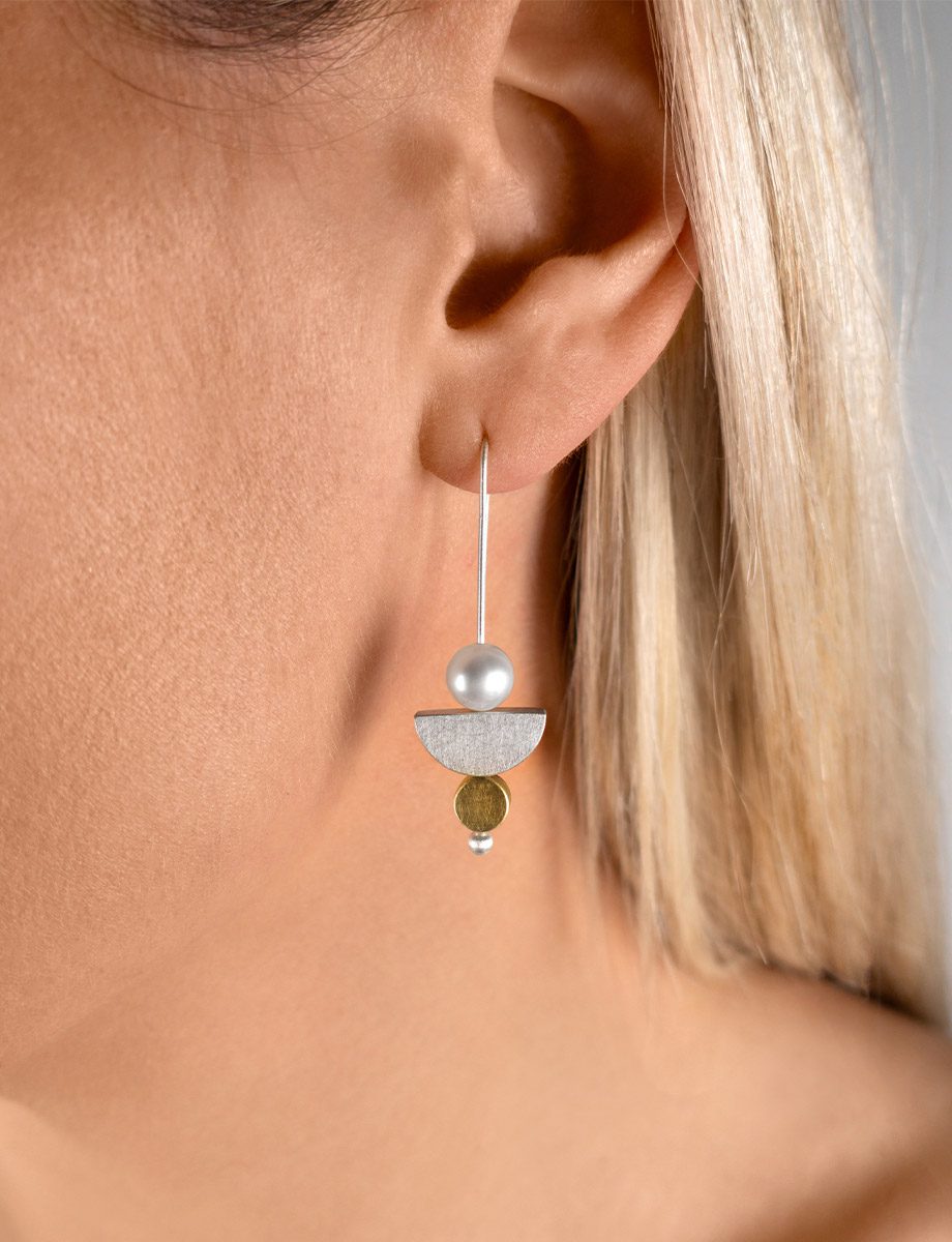 Hanging in the Balance Earrings – Silver, Yellow Gold & White Pearls