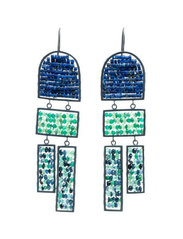 Long Arch & Rectangle Reef Earrings – Lapis Lazuli & Emerald