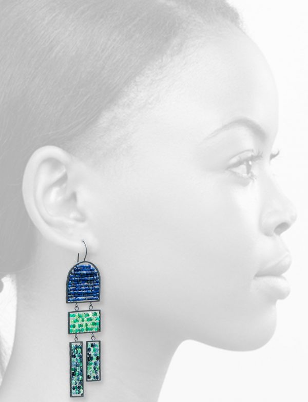 Long Arch & Rectangle Reef Earrings – Lapis Lazuli & Emerald