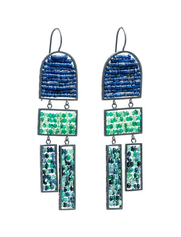 Long Arch & Rectangle Reef Earrings – Lapis Lazuli & Emerald