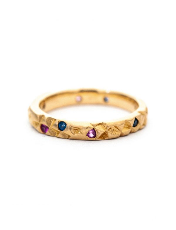 Triangle Textura Ring – Blue & Pink Ceylon Sapphires