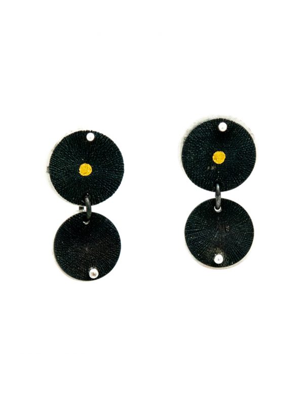 Double Disc Pendant Stud Earrings – Black & Gold