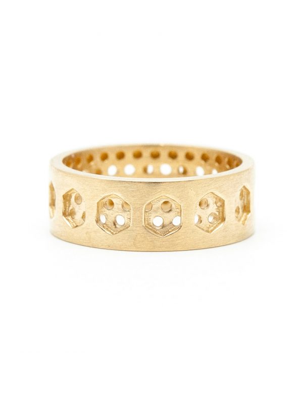 Hexagon & Round Perforation Ring – Yellow Gold