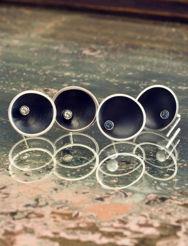 Small Blackened Sea Dish Stud Earrings – Diamond
