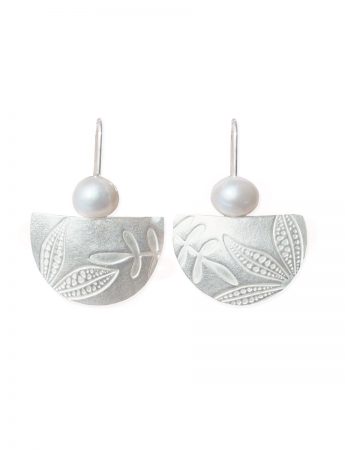 Semi Circle Leaf Imprint Earrings – Silver & Pearl