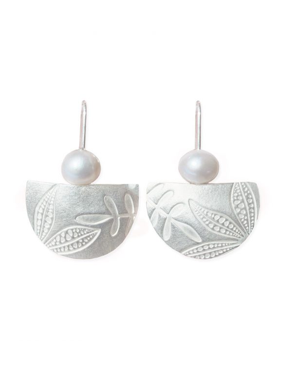 Semi Circle Leaf Imprint Earrings – Silver & Pearl
