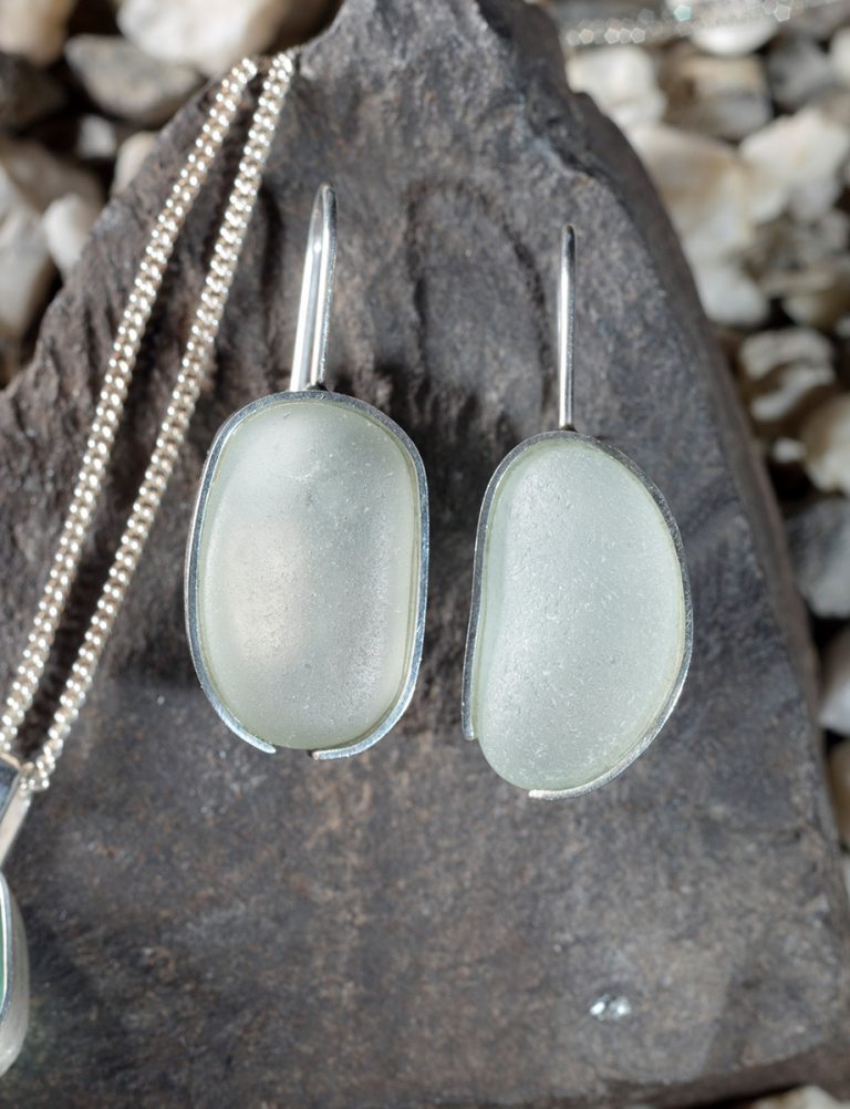 Seafoam Beach Glass Earrings – Silver