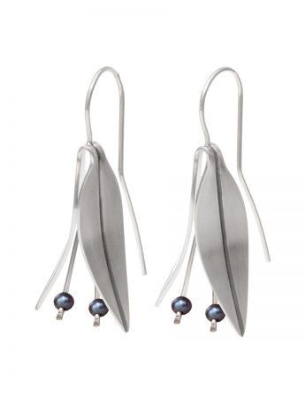 Folded Eucalypt Leaf Hook Earrings – Grey Pearl