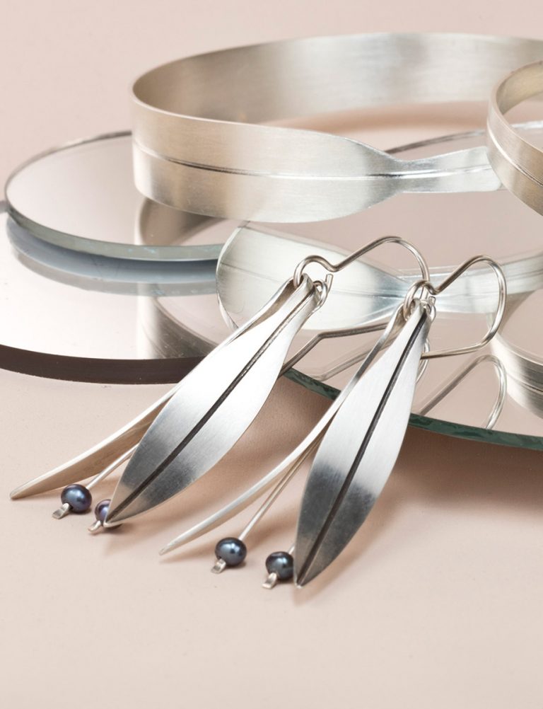 Folded Eucalypt Leaf Hook Earrings – Grey Pearl