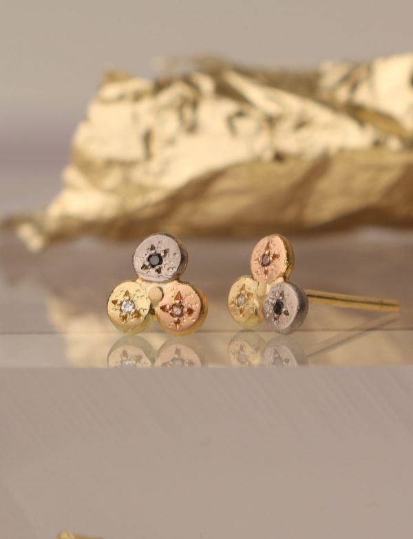 Triple Star Gold & Diamond Stud Earrings