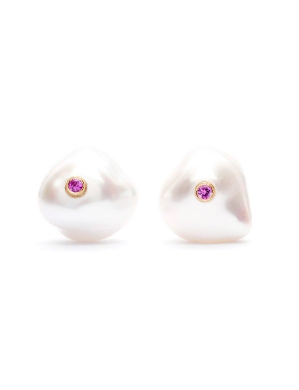Keshi Pearl & Pink Sapphire Stud Earrings