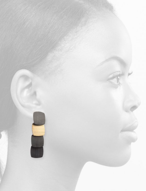Cascading Four Rounded Square Earrings – Black & Gold