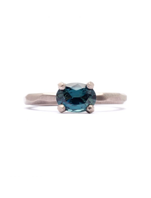 Four Claw Ring – White Gold & Teal Sapphire