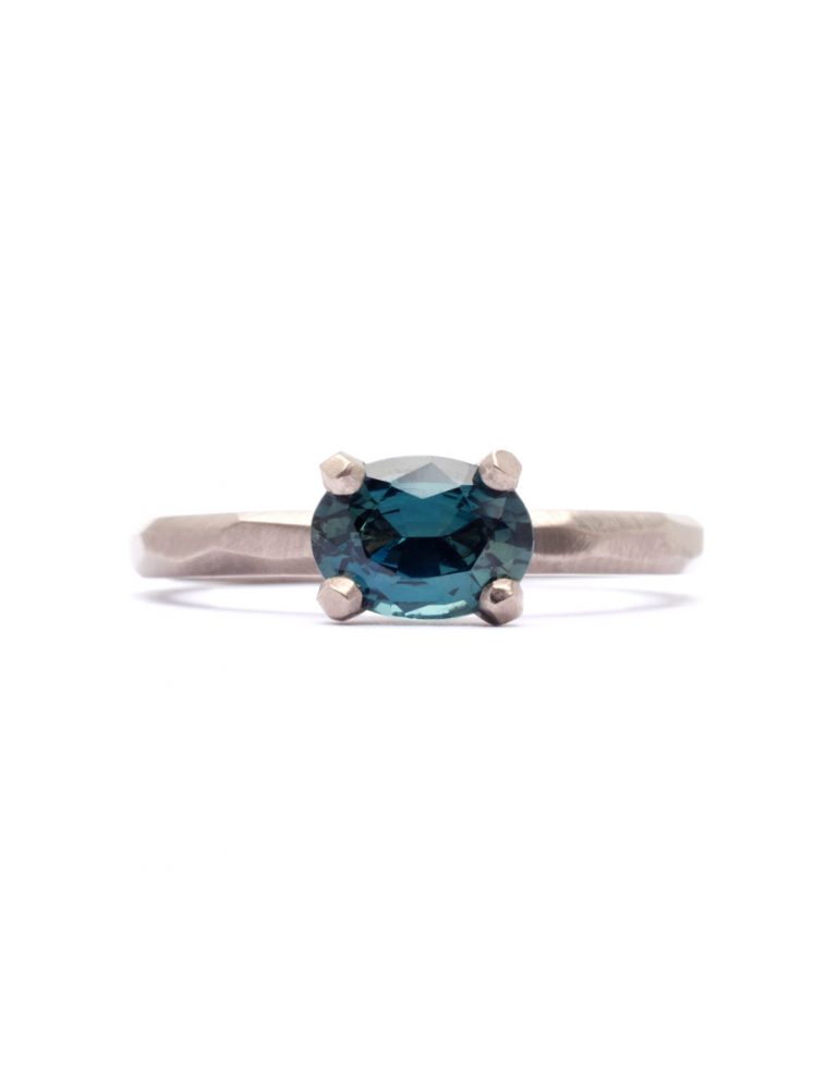 Four Claw Ring – White Gold & Teal Sapphire