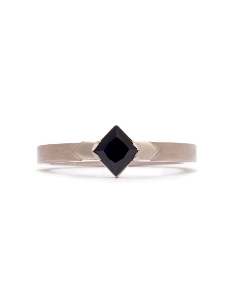 Square Solitaire Ring – Black Sapphire & White Gold