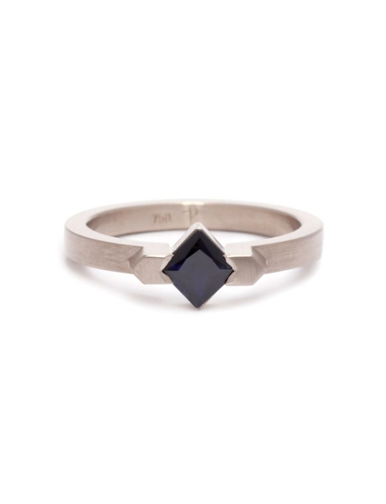 Square Solitaire Ring – Black Sapphire & White Gold