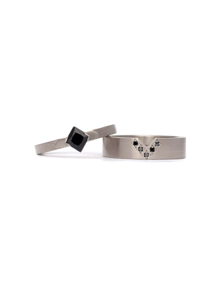 Square Interlocking Wedding Ring – White Gold & Black Diamonds
